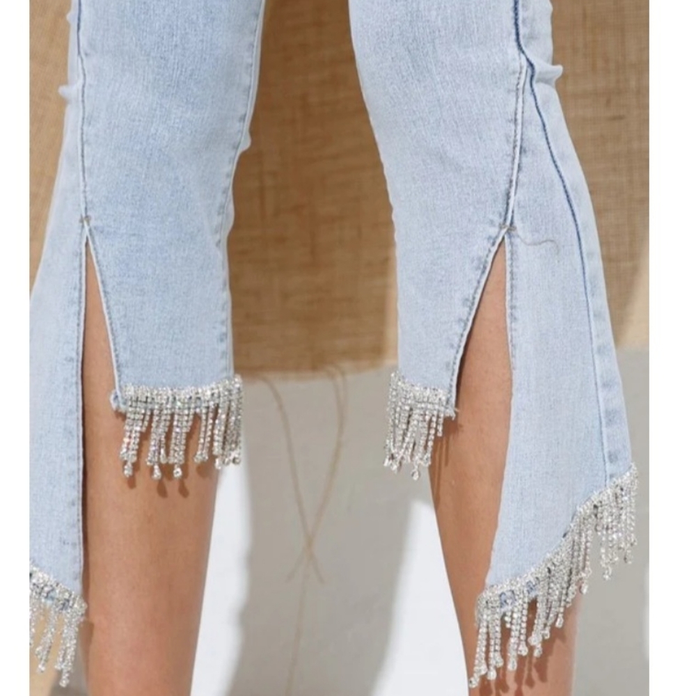 BLUE B RHINESTONE UNEVEN FRINGE HEM DENIM BLUE JEANS- L (31) - Picture 11 of 11